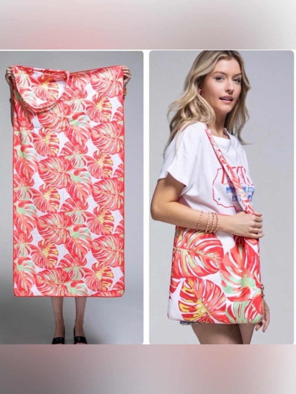 🧡💚 New Monstera Leaf Print Convertible Beach Towel To Shoulder Bag🧡💚